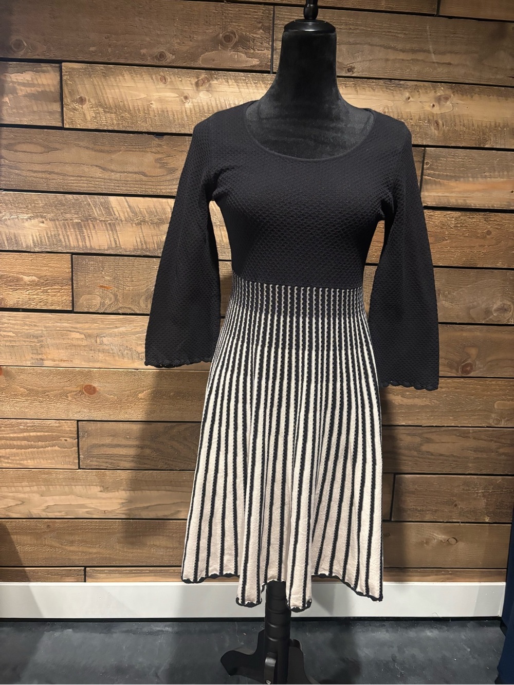 French Connection Black Bodice with Cream-and-Black Striped Skirt Dress